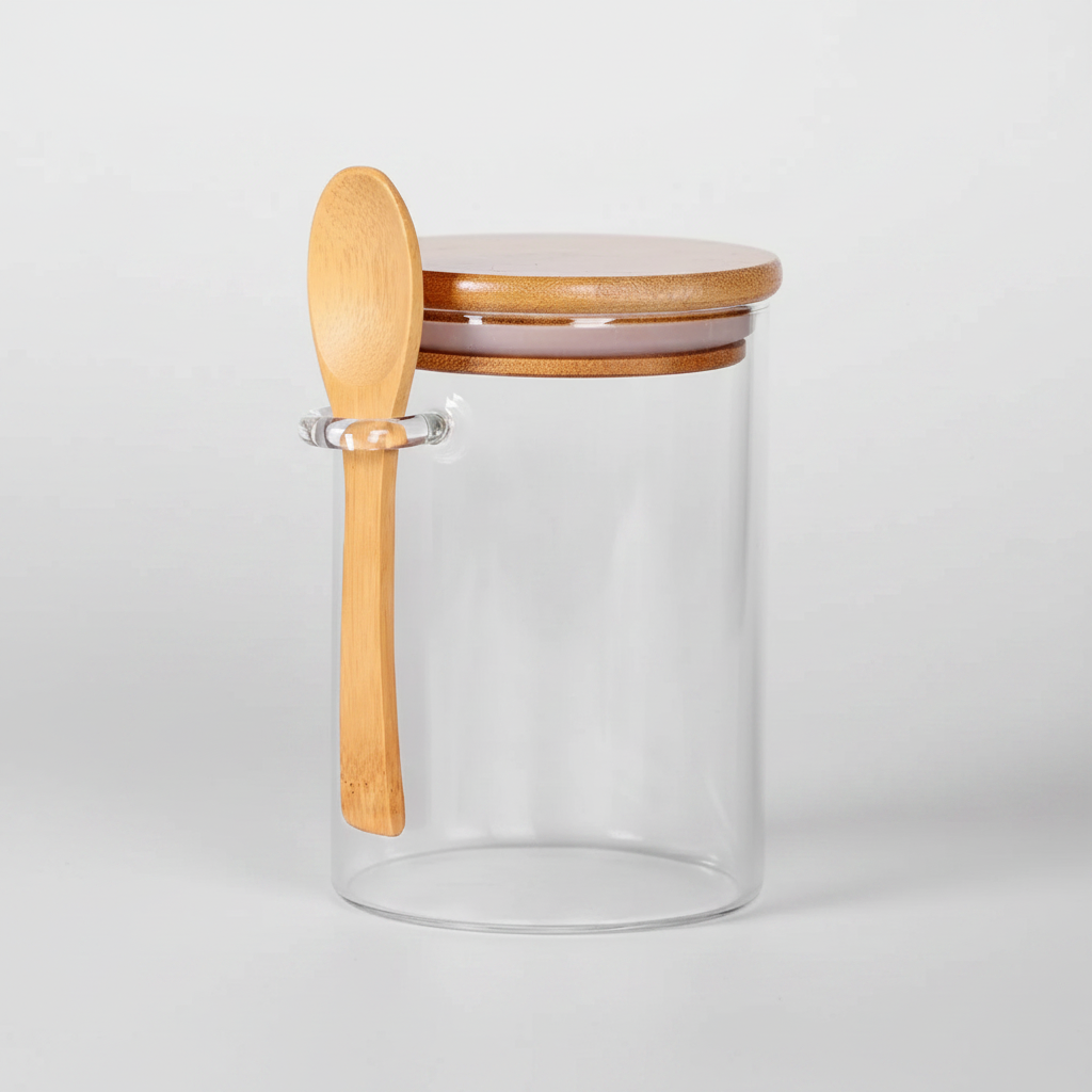 Frasco Multiuso en Vidrio con Tapa de Bambú y Cuchara